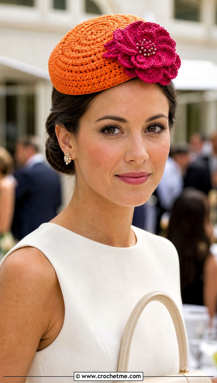 Rosette Crochet Pillbox Hat With Column Dress - 30 crochet flower hat outfit ideas