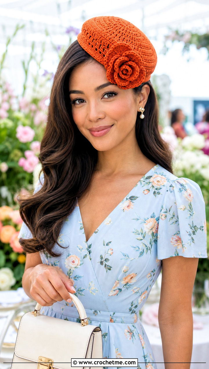 Rosette Crochet Pillbox Hat With Floral Midi Dress And Kitten Heels - 25 crochet pillbox hat outfit ideas