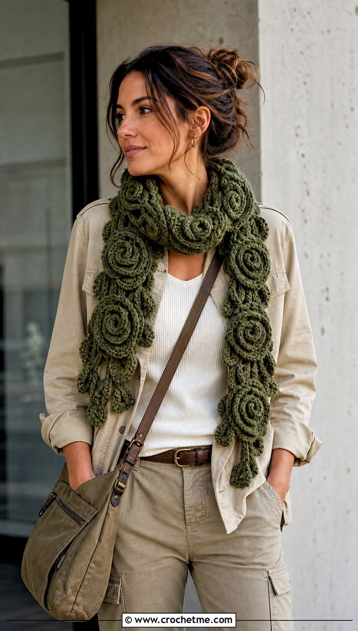 Rosette Crochet Scarf With Utility Jacket - 30 crochet scarf with flowers outfit ideas