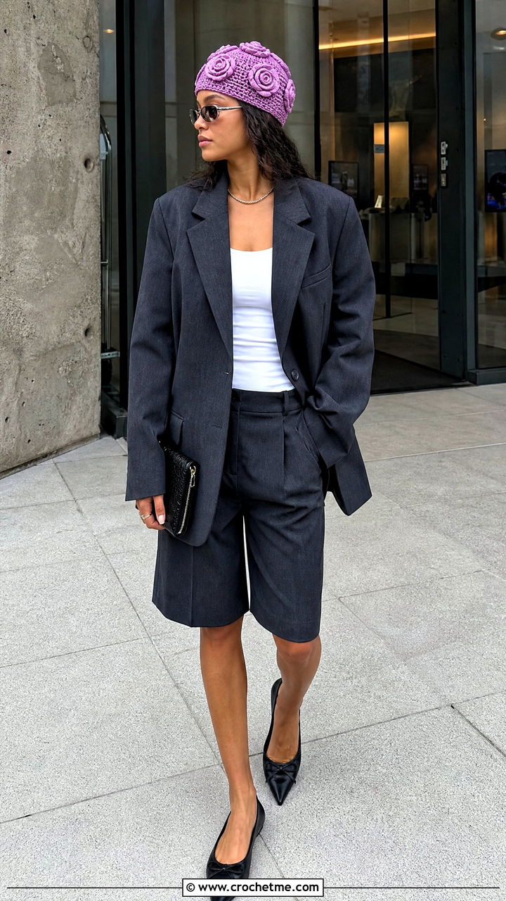 Rosette Crochet Skull Cap With Oversized Blazer And Bermuda Shorts - 35 crochet skull cap outfit ideas