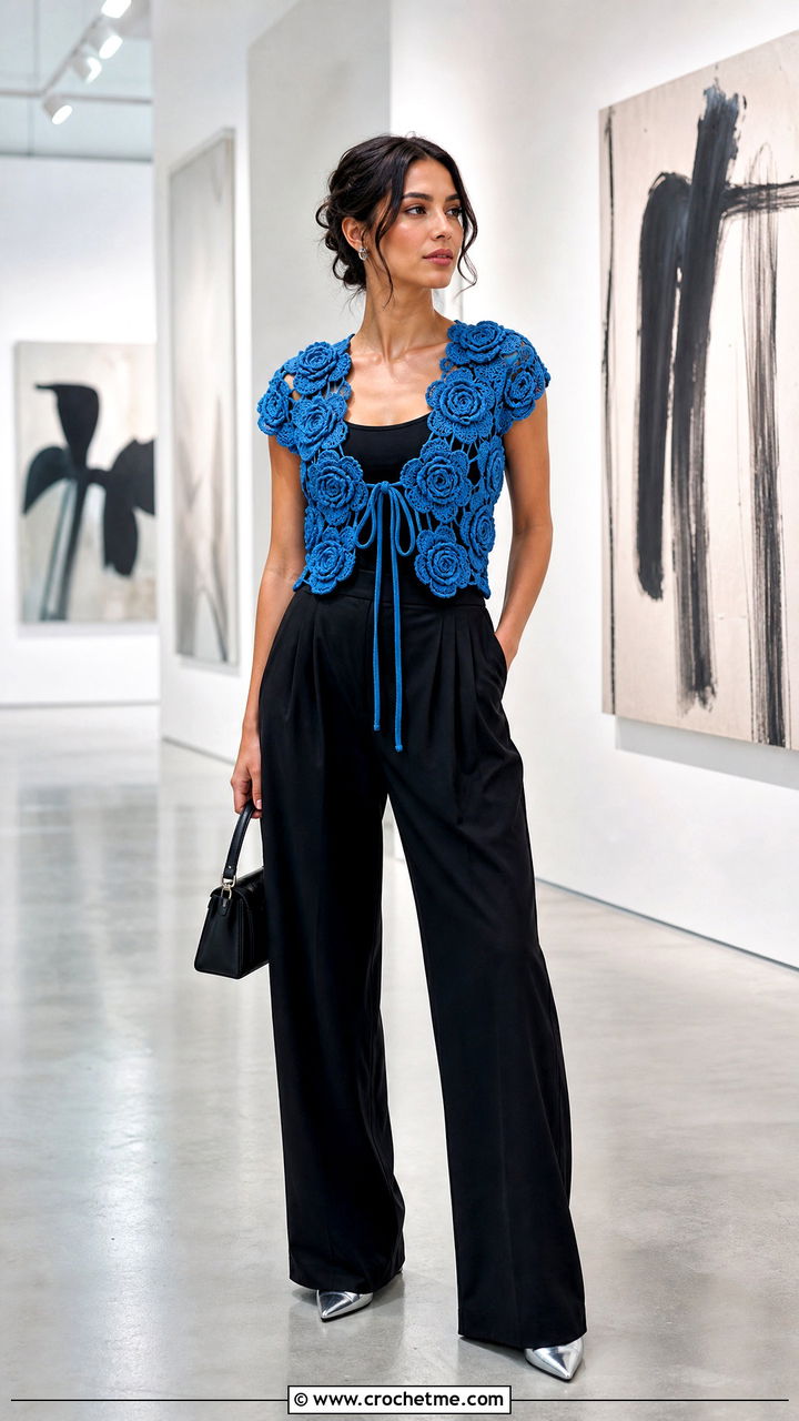 Rosette Crochet Tie Top With Black Trousers - 35 crochet tie top outfit ideas