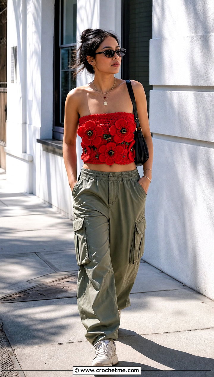 Rosette Crochet Tube Top With Cargo Pants - 35 crochet rose top outfit ideas