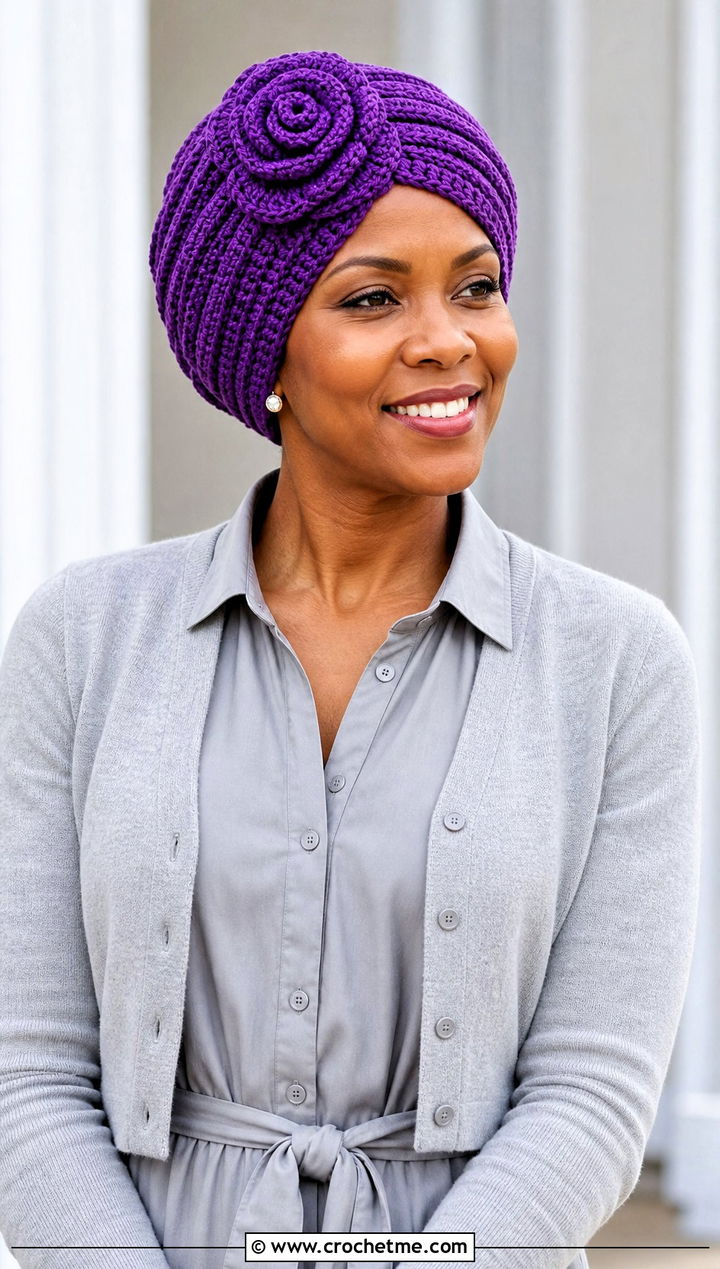 Rosette Crochet Turban Hat With Midi Dress - 15 crochet turban style hat outfit ideas
