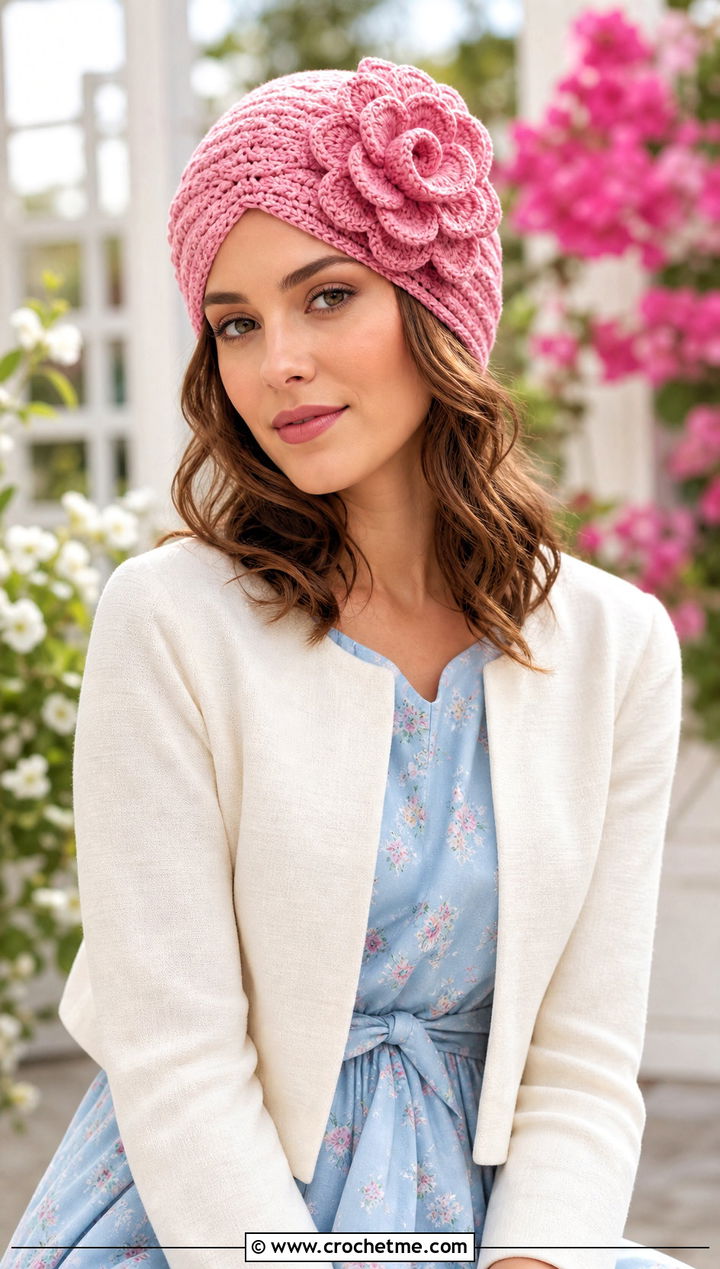 Rosette Crochet Turban Hat With Tea Dress And Flats - 35 crochet turban hat outfit ideas