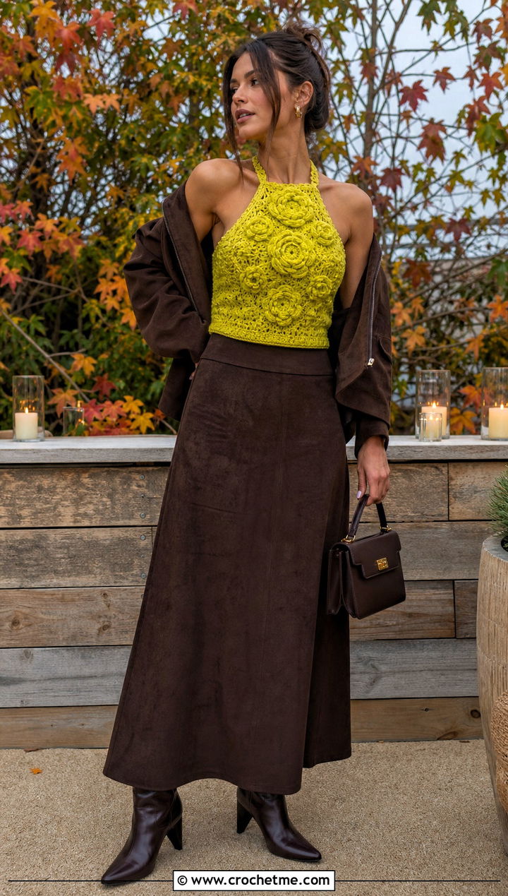 Rosette Crocheted Halter Top With Suede Maxi Skirt - 30 crocheted halter tops outfit ideas