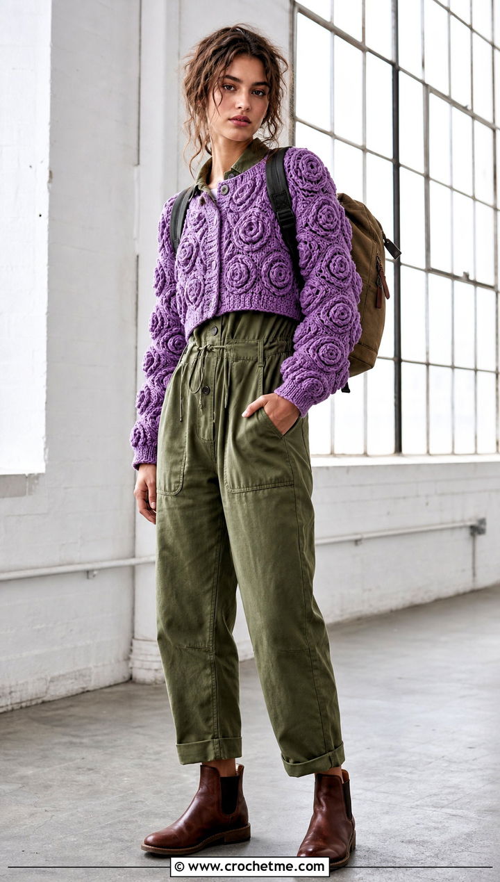 Rosette Cropped Sweater With Utility Jumpsuit - 30 flower crochet sweater outfit ideas