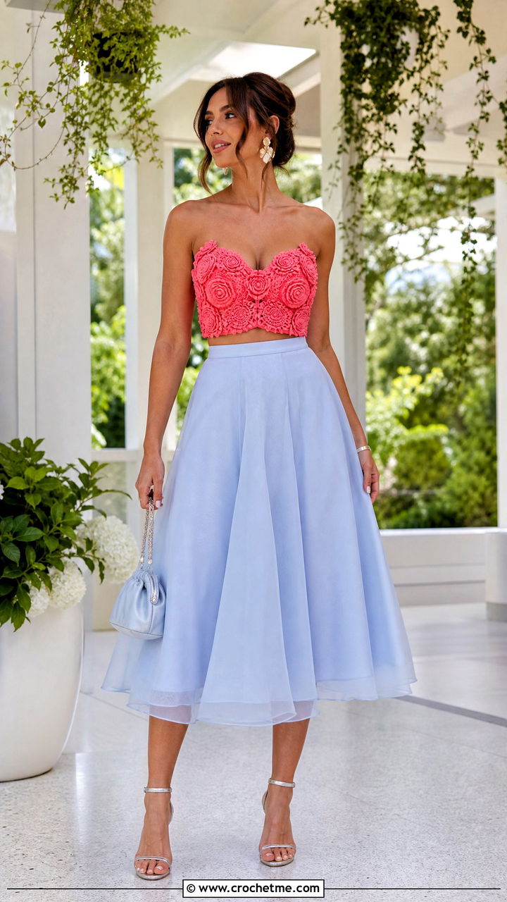 Rosette Cup Crochet Top With Organza Midi Skirt - 35 crochet cups top outfit ideas