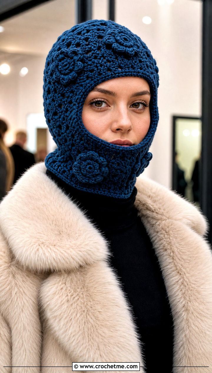 Rosette Granny Square Balaclava With Faux Fur Coat - 30 crochet granny square balaclava outfit ideas