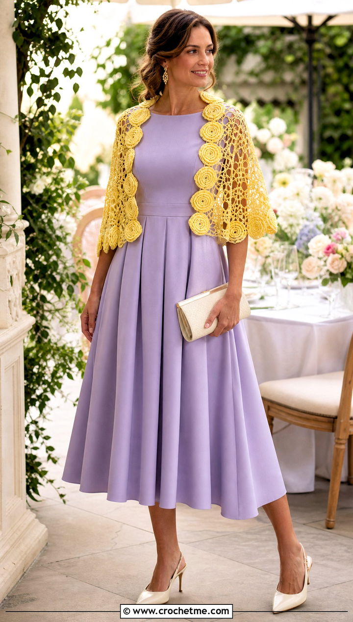 Rosette Irish Crochet Shawl With Wedding Guest Dress - 20 Irish Crochet Shawl outfit ideas