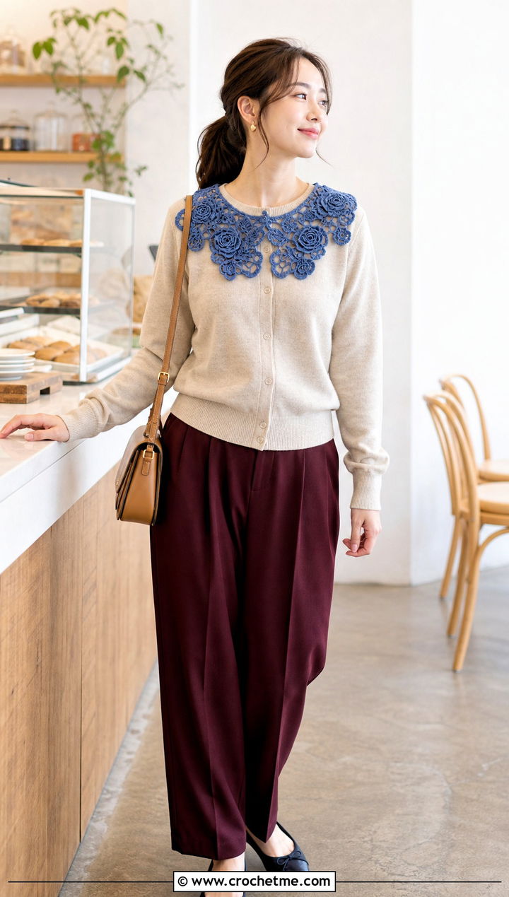 Rosette Lace Crochet Collar With Cardigan And Trousers - 25 Lace Crochet Collar outfit ideas