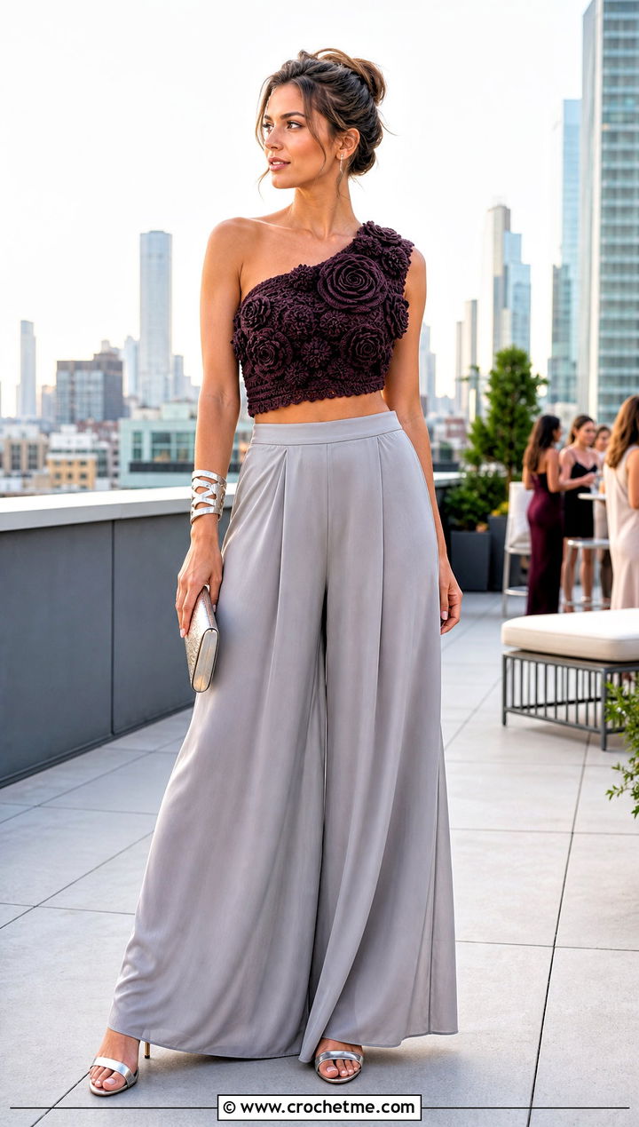 Rosette One Shoulder Crochet Crop Top With Palazzo Pants - 30 crochet flower crop top outfit ideas