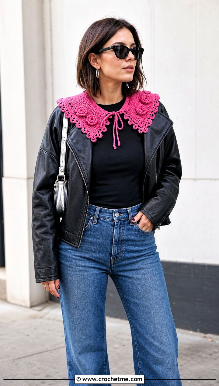 Rosette Sailor Collar With Leather Jacket - 15 handmade floral crochet collar outfit ideas
