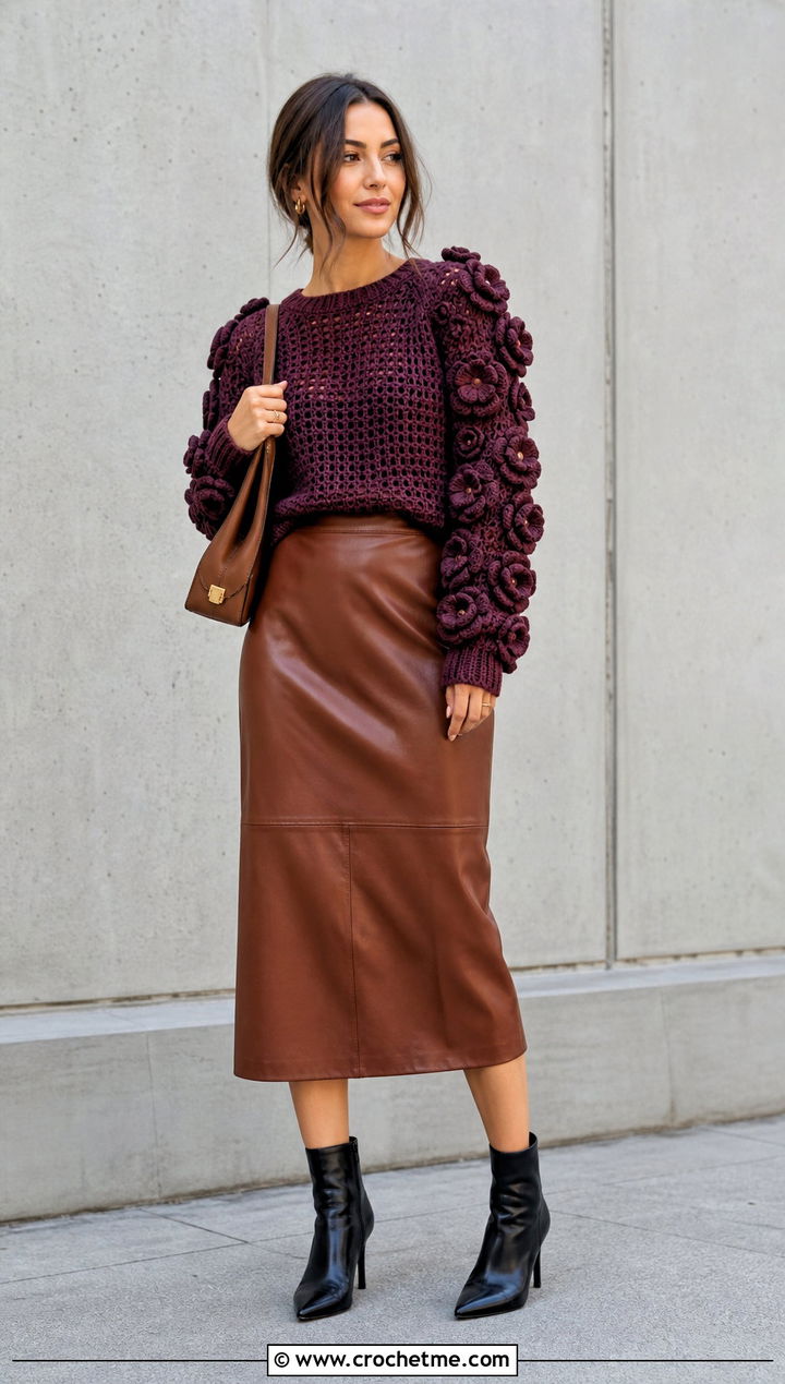 Rosette Sleeve Crochet Flower Sweater With Leather Midi Skirt - 30 crochet flower sweater outfit ideas