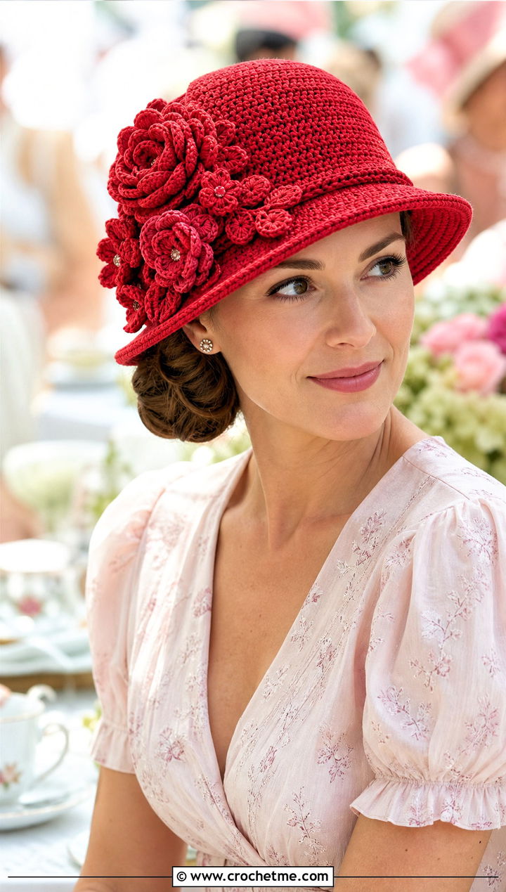Rosette Trim Crochet Derby Hat With Tea Dress - 25 Crochet Derby Hat outfit ideas