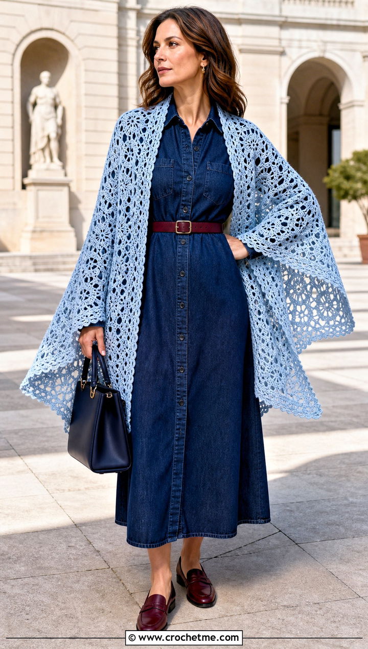 Roslea Lace Celtic Crochet Shawl With Denim Dress And Loafers - 25 Celtic Crochet Shawl outfit ideas
