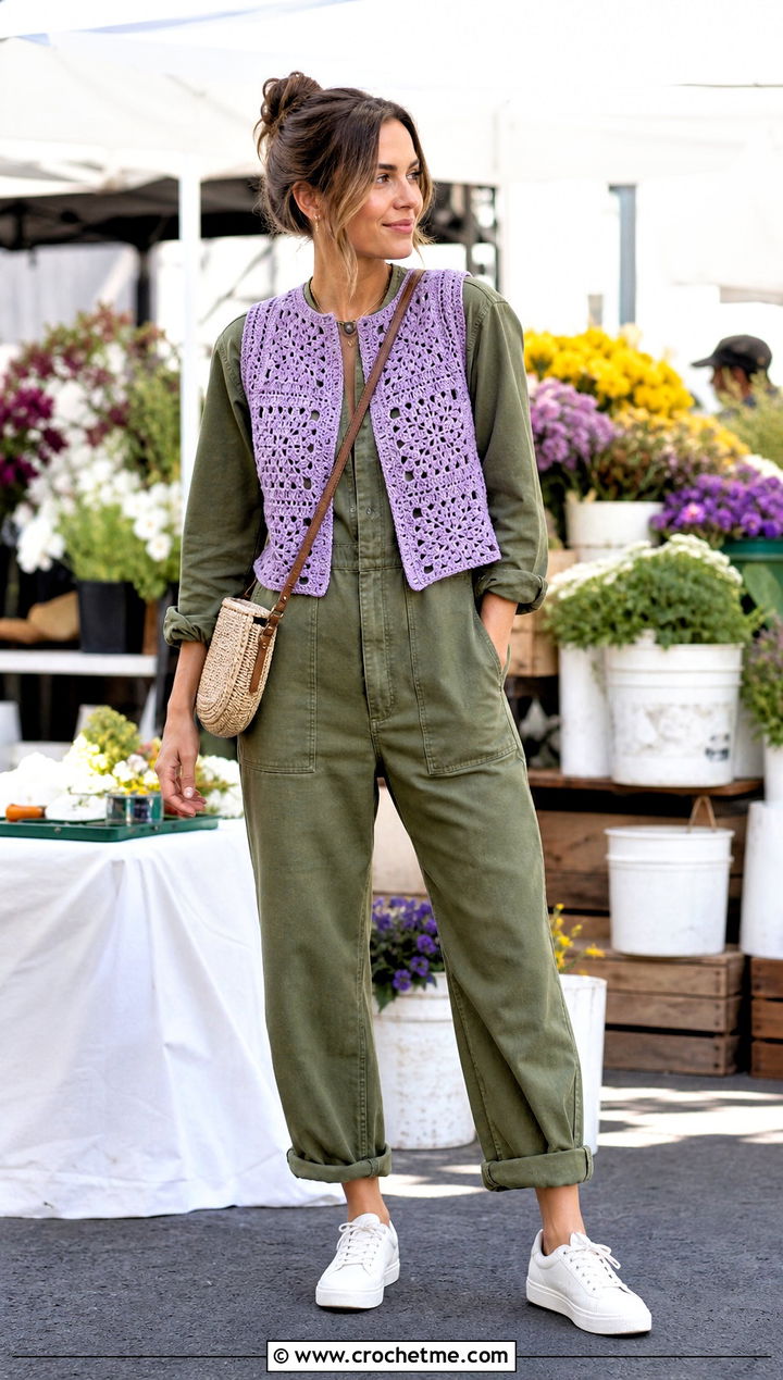 Round Neck Vintage Crochet Vest With Utility Jumpsuit - 25 Vintage Crochet Vest outfit ideas