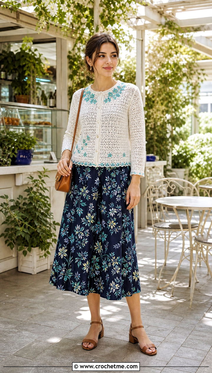 Round Neck White Crochet Cardigan With Midi Skirt - 35 crochet white cardigan outfit ideas