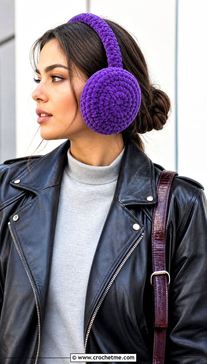 Round Plush Crochet Earmuffs Headband With Leather Jacket - 25 Crochet Earmuffs Headband outfit ideas