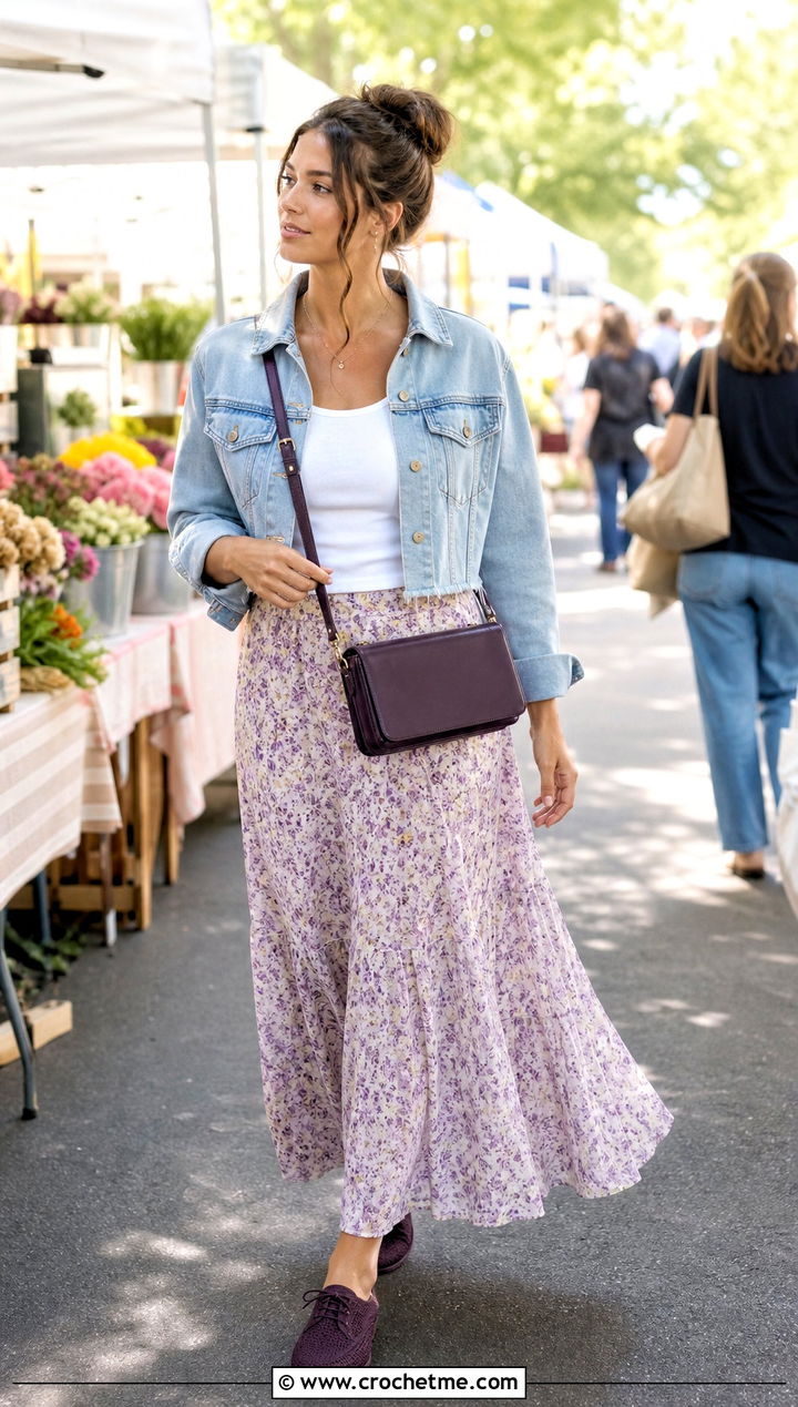 Round Toe Crochet Oxfords With A Floral Maxi Skirt - 15 Crochet Oxford Shoes outfit ideas