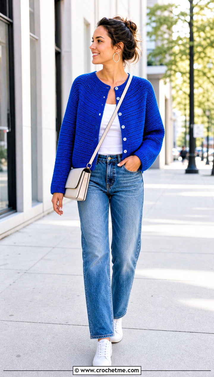 Round Yoke Cardigan With Straight Leg Jeans - 20 Crochet Yoke Cardigan outfit ideas