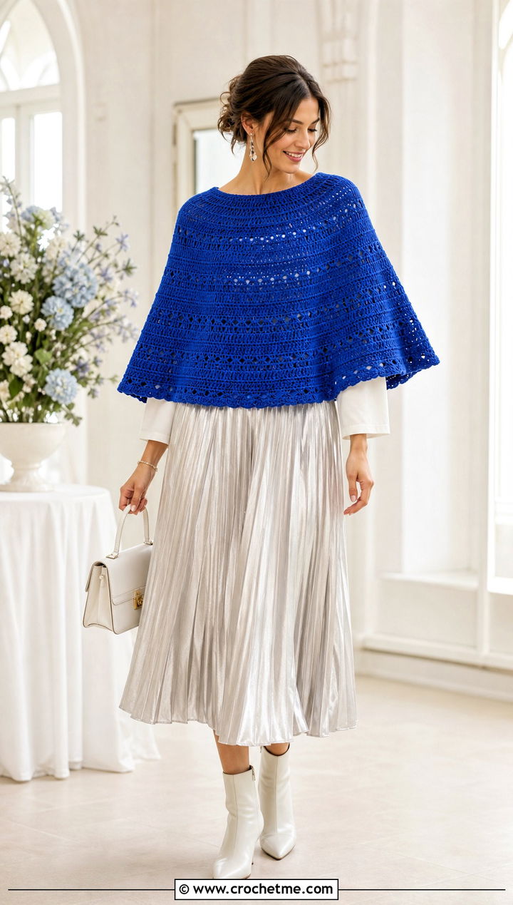 Round Yoke Circle Poncho With Pleated Midi Skirt - 25 Crochet Circle Poncho outfit ideas