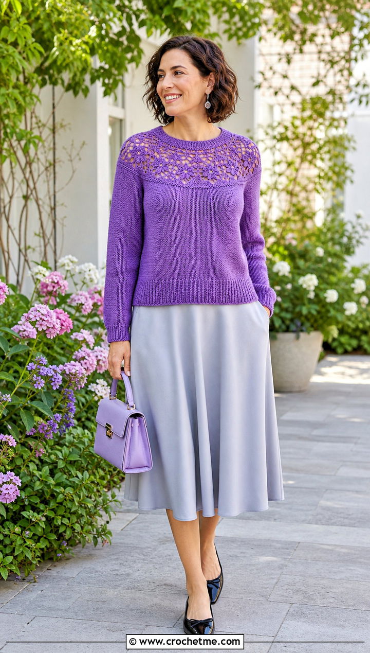 Round Yoke Crochet Cotton Jumper With A Line Midi Skirt - 15 Crochet Cotton Jumper outfit ideas