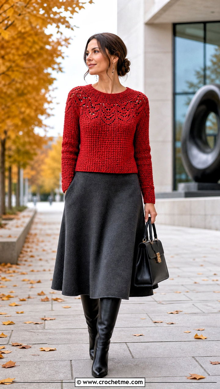 Round Yoke Crochet Sweater With A Line Skirt - 30 crochet women sweater outfit ideas