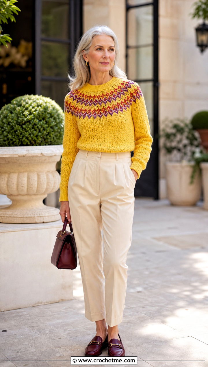Round Yoke Crochet Sweater With Pleated Trousers - 15 bright crochet sweater design outfit ideas