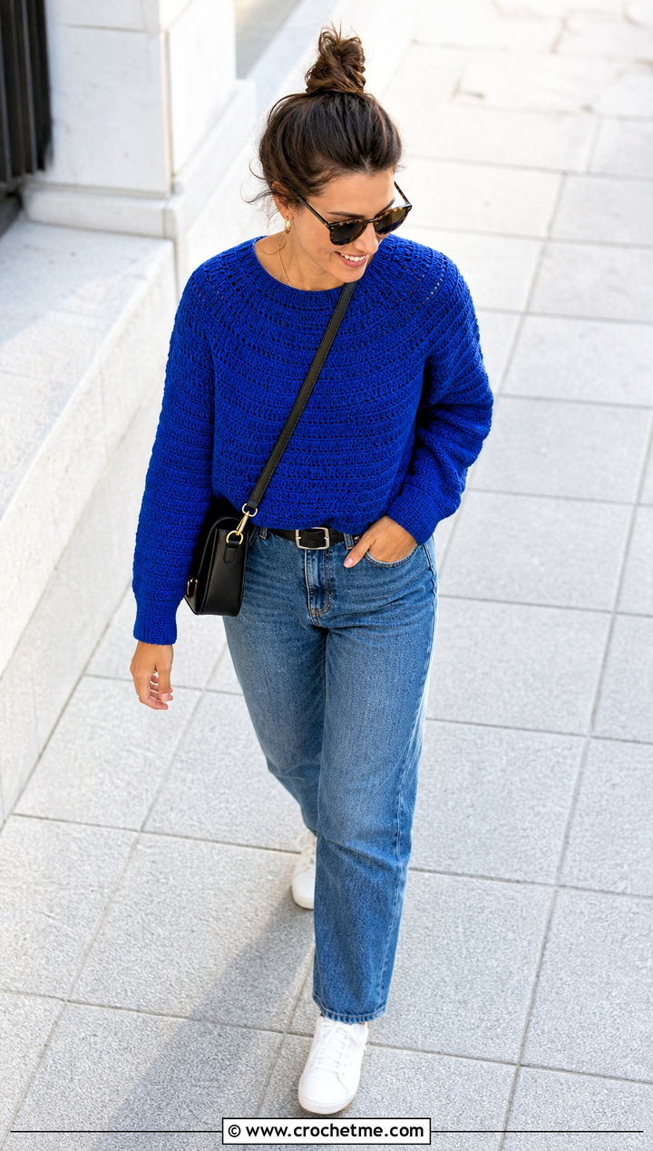 Round Yoke Crochet Sweater With Straight Leg Jeans - 25 Yoke Down Crochet Sweater outfit ideas
