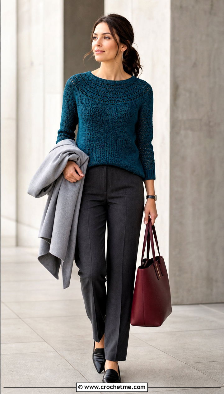 Round Yoke Crochet Sweater With Tailored Trousers - 15 crochet round sweater outfit ideas
