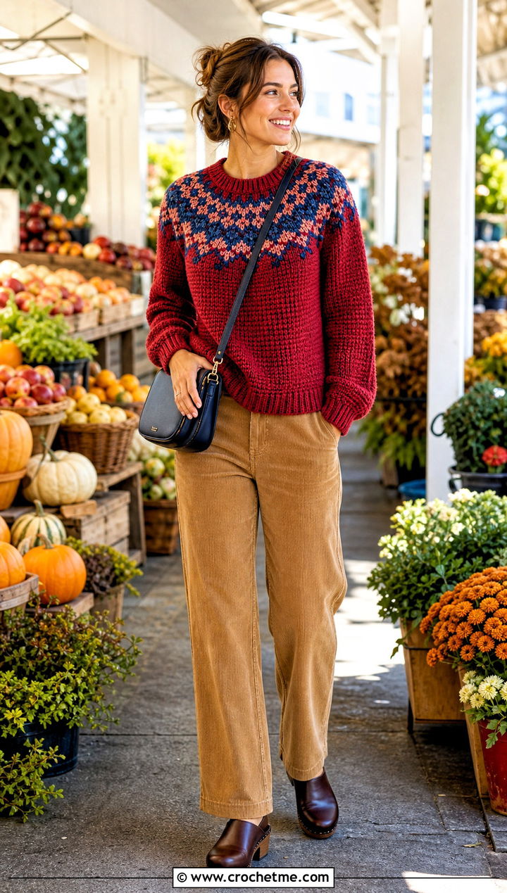 Round Yoke DK Weight Crochet Sweater With Corduroy Pants - 25 Dk Weight Crochet Sweater outfit ideas