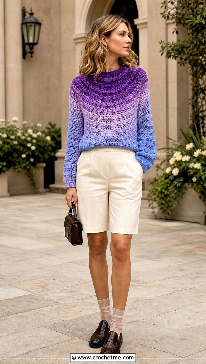 Round Yoke Mandala Ombre Crochet Sweater With Tailored Shorts - 15 mandala ombre crochet sweater outfit ideas