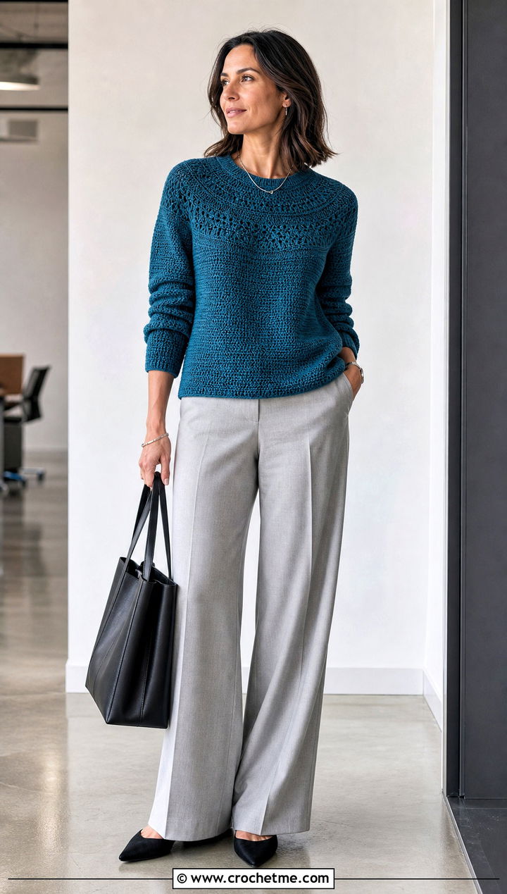 Round Yoke Top Down Crochet Sweater With Wide Leg Trousers - 15 Easy Top Down Crochet Sweater outfit ideas