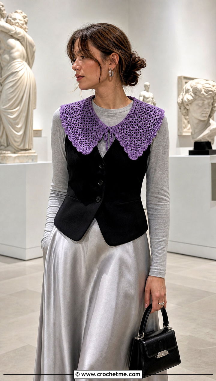 Rounded Crochet Sailor Collar With Waistcoat And Midi Skirt - 30 crochet sailor collar outfit ideas