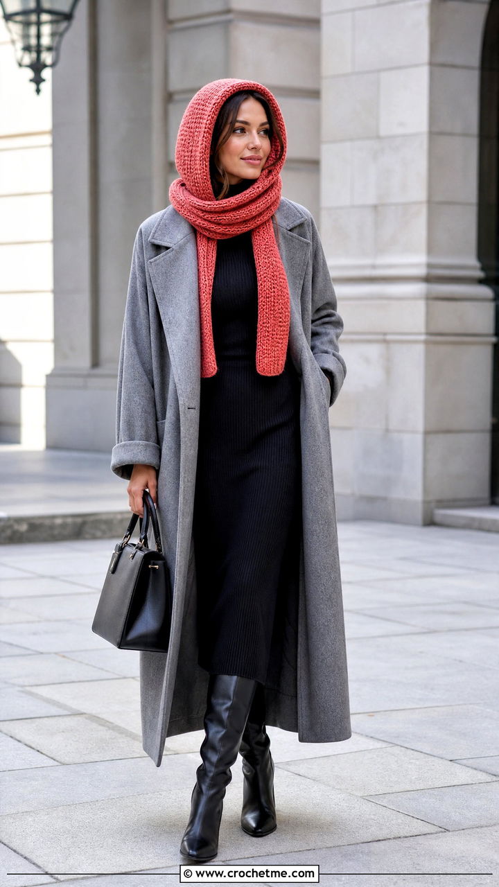 Rounded Crochet Scoodie With Oversized Coat - 35 crochet hood scarf outfit ideas