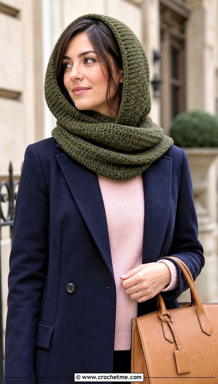 Rounded Crochet Scoodie With Wool Coat Outfit - 30 crochet scarf with hood outfit ideas