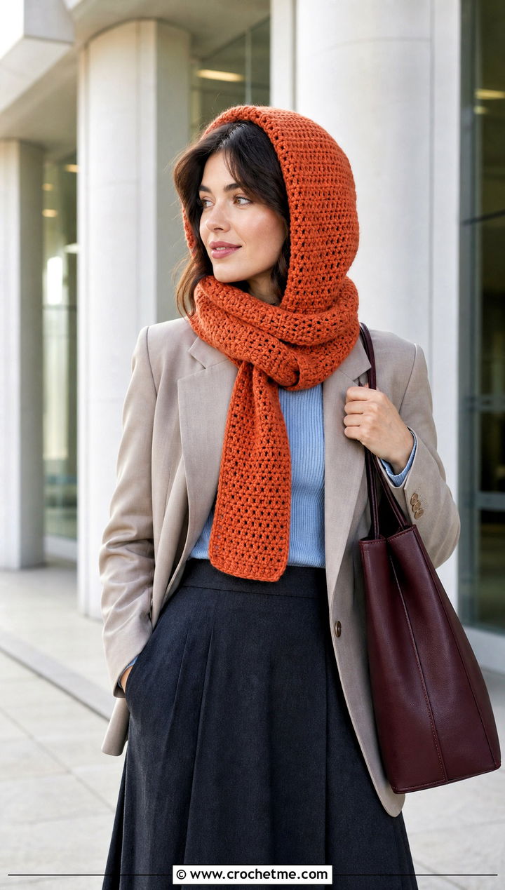 Rounded Hood Crochet Cap Scarf With Blazer And Midi Skirt - 25 Crochet Cap Scarf outfit ideas