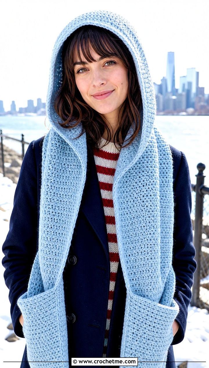 Rounded Hood Crochet Pocket Scarf With Peacoat - 25 crochet hooded pocket scarf outfit ideas