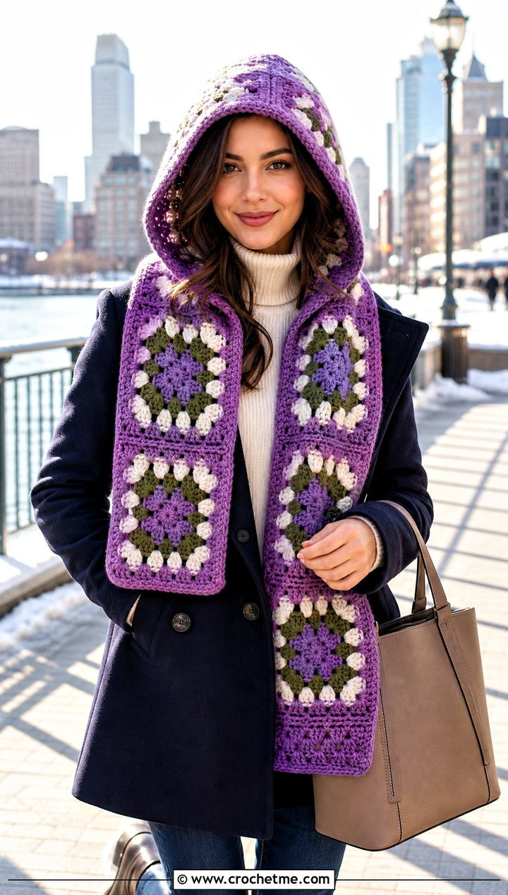 Rounded Hood Granny Square Crochet Hooded Scarf With Peacoat - 30 Granny Square Crochet Hooded Scarf outfit ideas