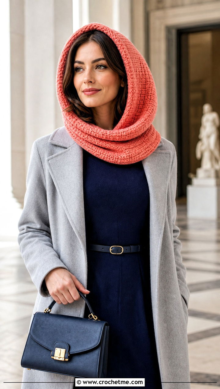 Rounded Hooded Scarf With Wool Midi Dress - 25 Crochet Hoodie Scarf outfit ideas