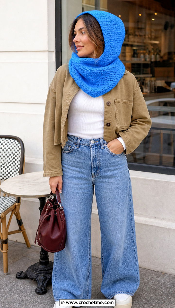 Rounded Scoodie With Wide Leg Jeans - 30 crochet scarf hood outfit ideas