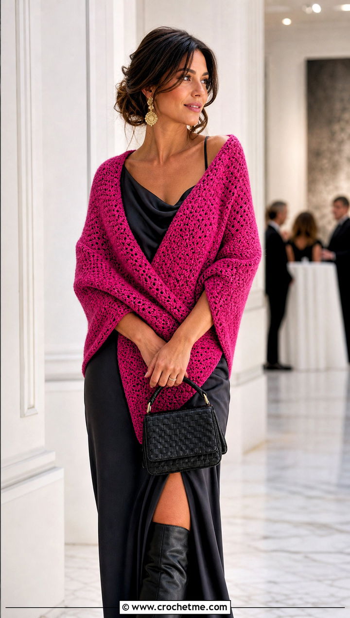 Rounded Tunisian Crochet Triangle Shawl With Slip Dress And Boots - 25 Tunisian Crochet Triangle Shawl outfit ideas