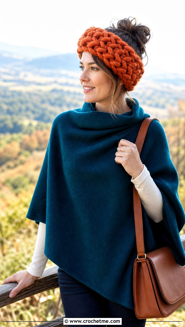 Roving Yarn Chunky Crochet Ear Warmer With Poncho - 30 chunky crochet ear warmer outfit ideas