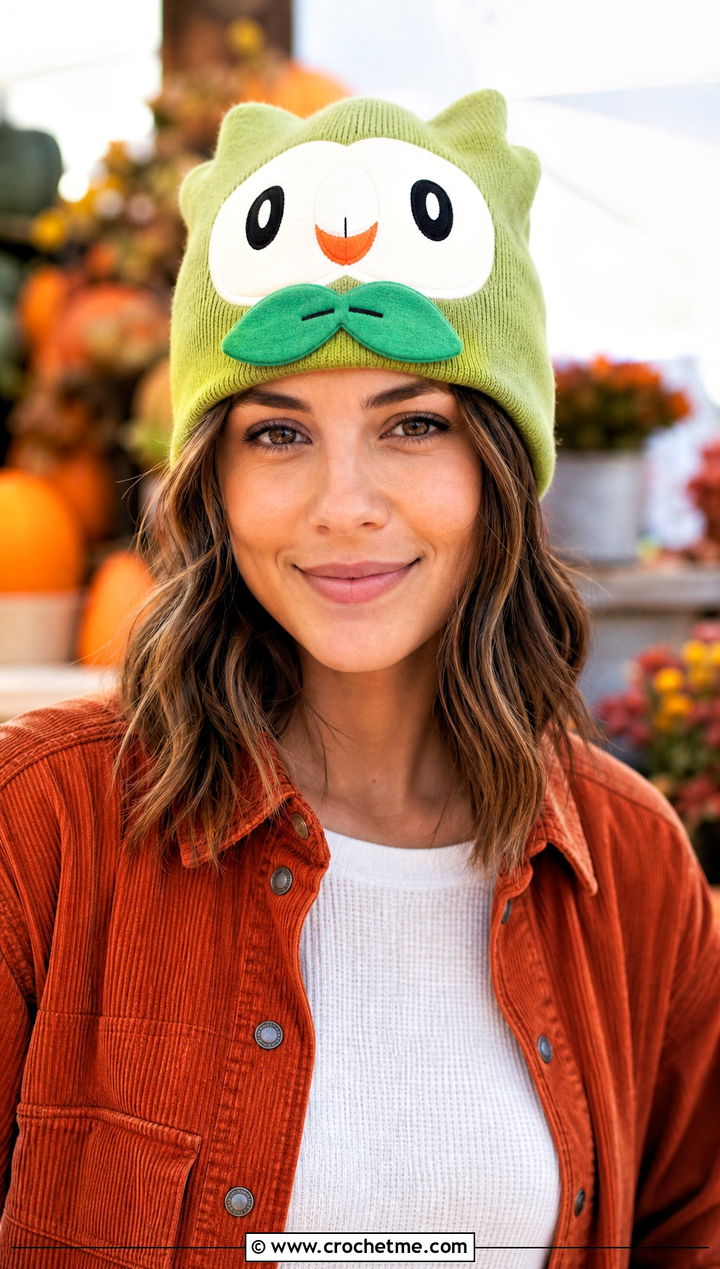 Rowlet Owl Face Beanie With Corduroy Overshirt - 30 crochet pokemon beanie outfit ideas