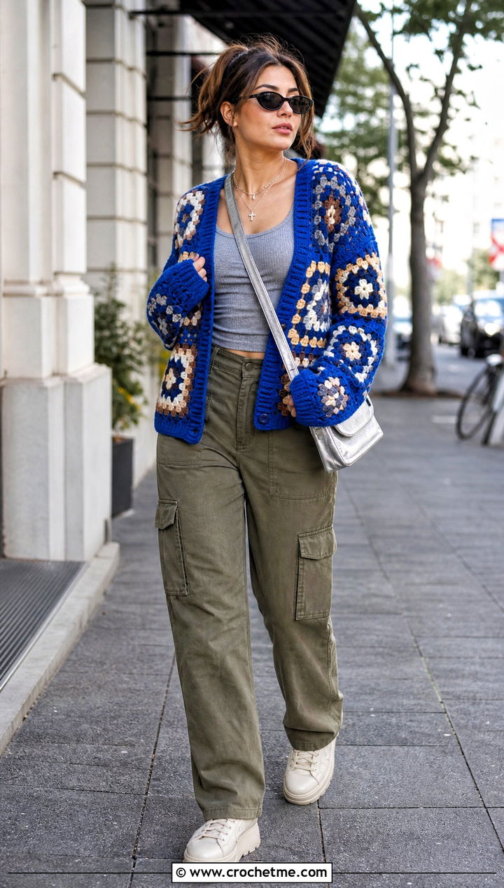 Royal Blue Color Block Granny Square Cardigan With Cargo Pants - 30 blue granny square cardigan outfit ideas
