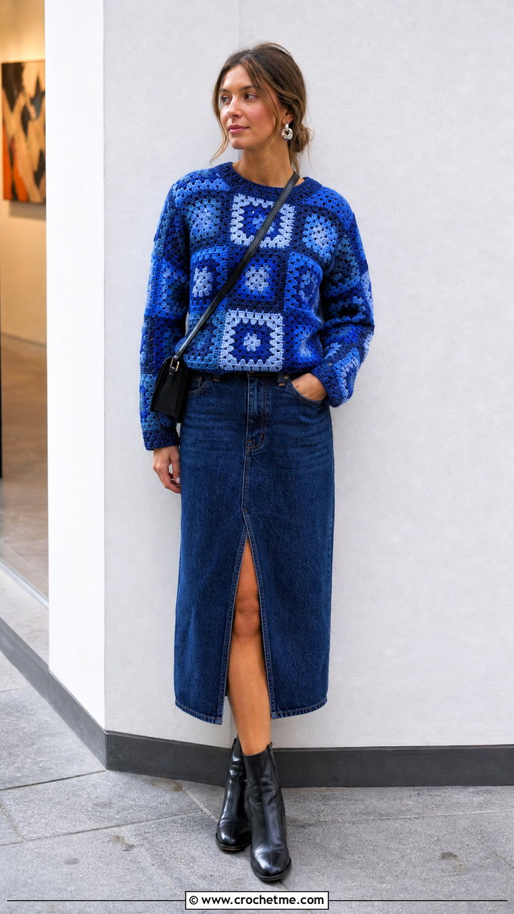Royal Blue Granny Square Crochet Sweater With Denim Skirt - 35 blue crochet sweater outfit ideas