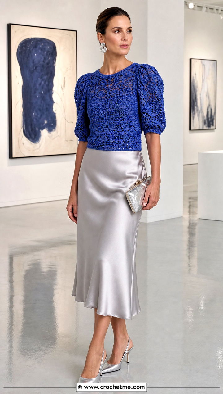 Royal Blue Puff Sleeve Crochet Blouse With Satin Midi Skirt - 15 Blue Crochet Blouse Design outfit ideas