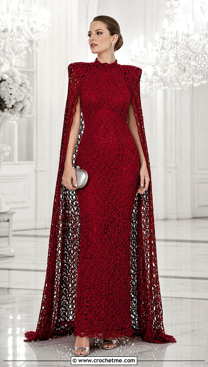 Royal Crochet Cape Gown With Metallic Heels - 35 fantasy crochet clothes and outfit ideas