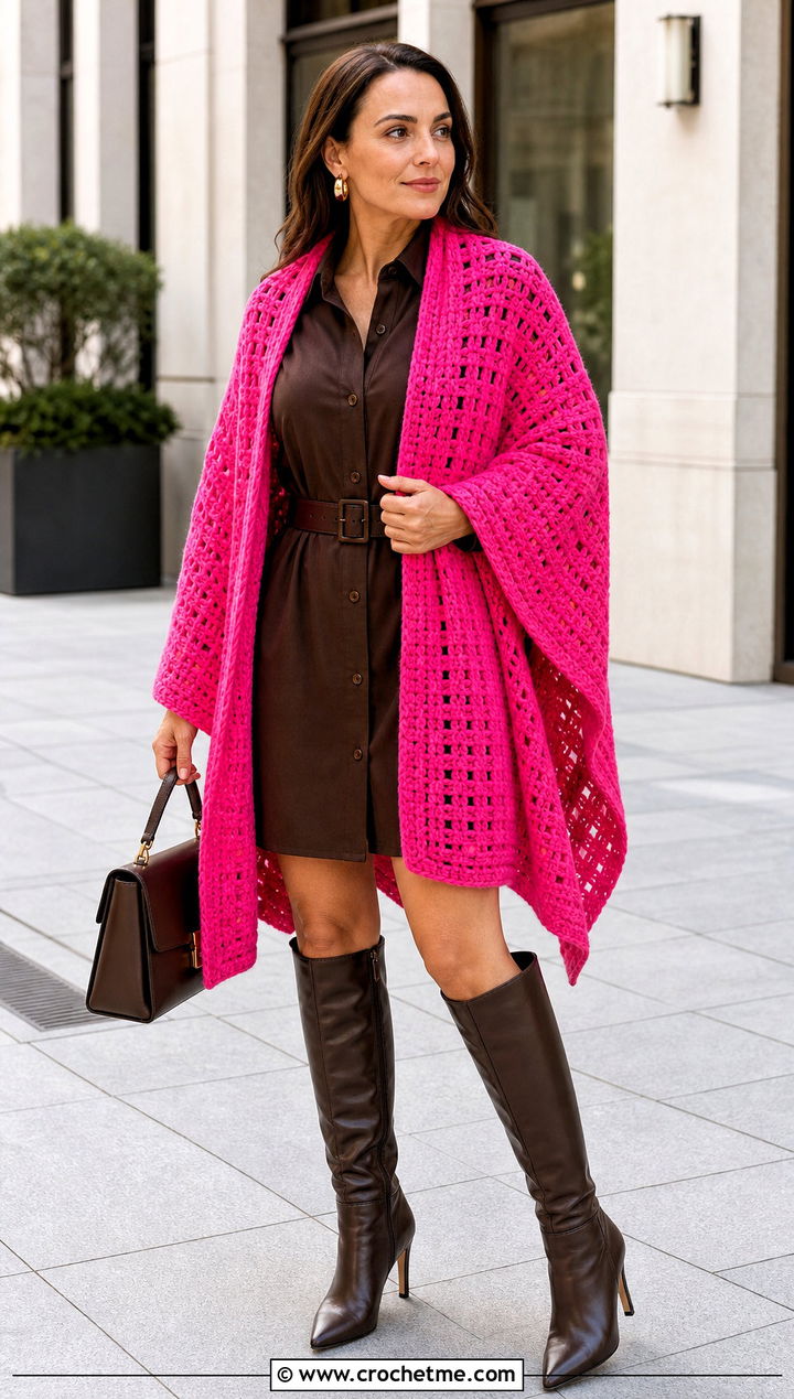 Ruana Crochet Blanket Shawl With Belted Dress - 30 crochet blanket shawl outfit ideas