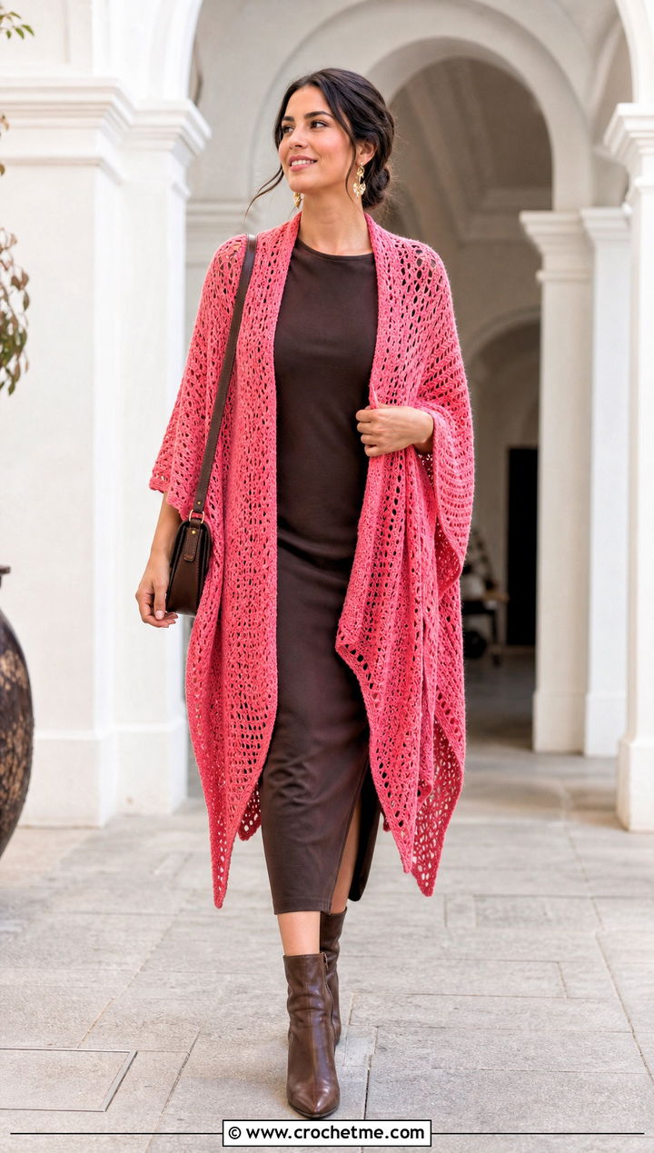 Ruana Crochet Boho Poncho With Column Dress - 30 crochet boho poncho outfit ideas